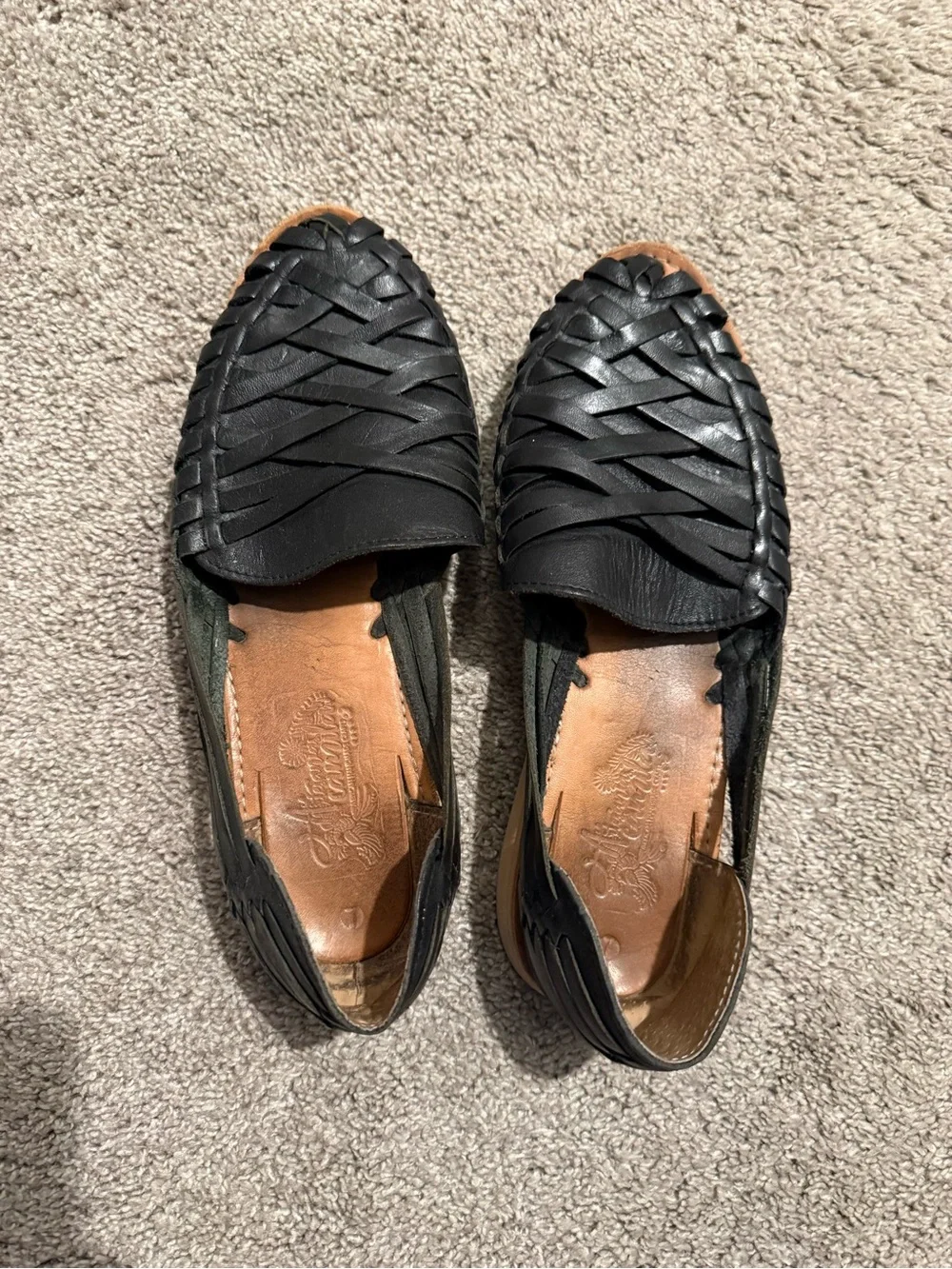 Handmade Black Woven Leather Huarache Flats - Women Sz 10